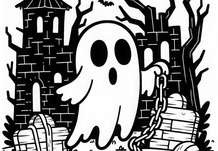 Ghost hovering in front of a dilapidated castle with chains in hand: Simple coloring page (Free) Ghost floats in front of a dilapidated castle with chains in hand: Simple coloring template (Free)