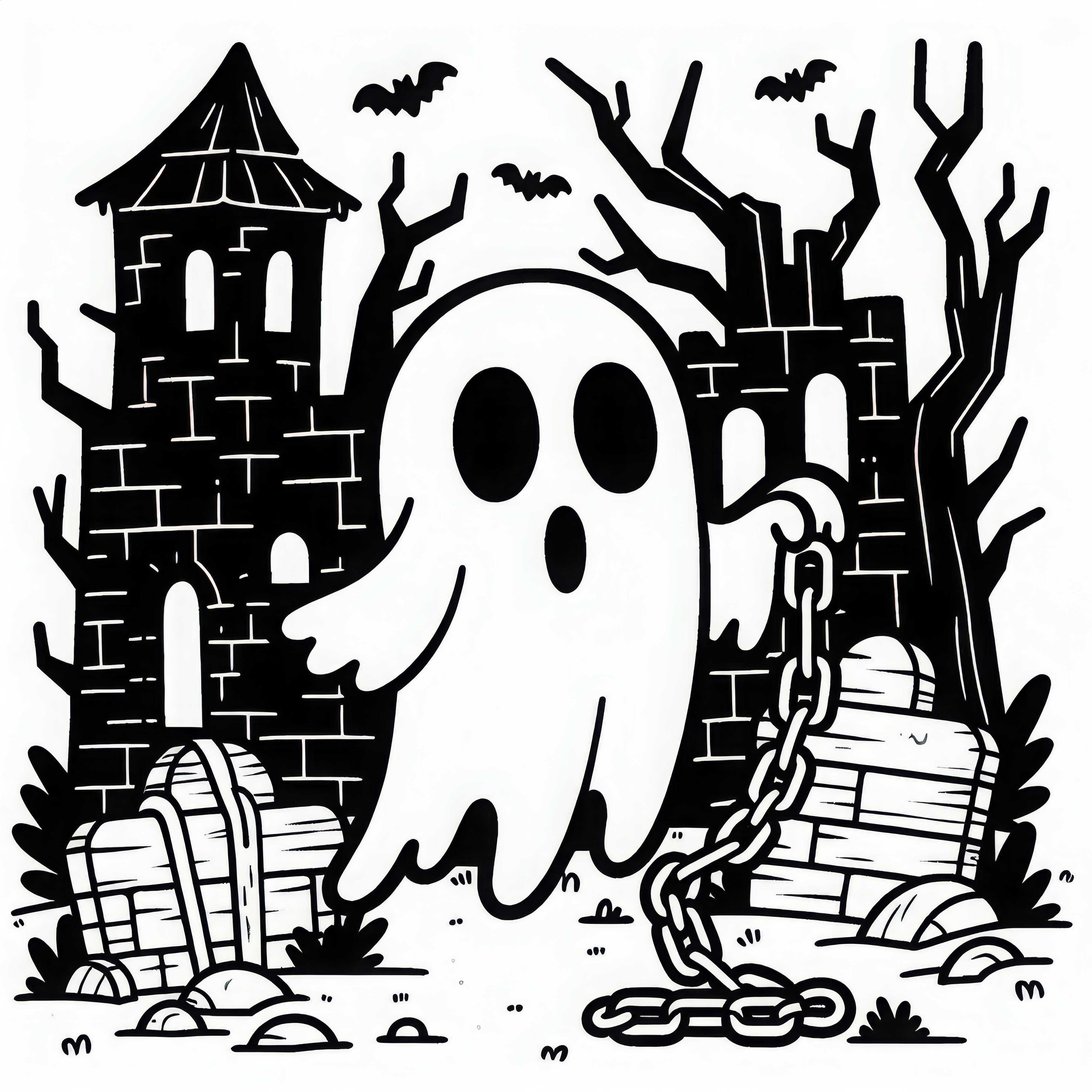 Ghost hovering in front of a dilapidated castle with chains in hand: Simple coloring template (Free)