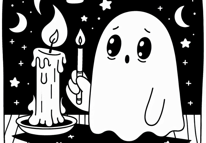 Ghost quietly observes a candle: Simple coloring page (Free) Spirit silently observes a candle: Simple coloring page (Free)