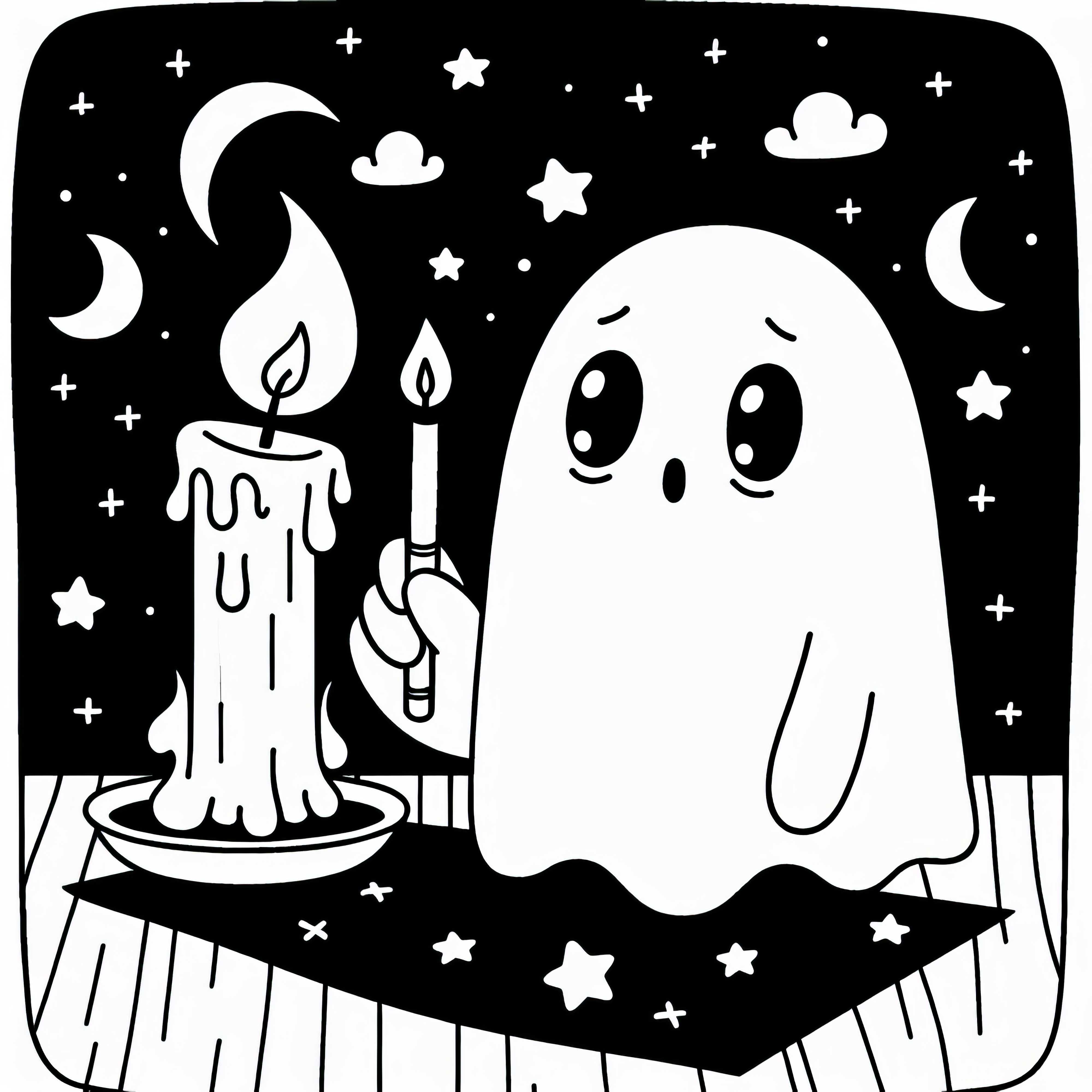Ghost quietly observes a candle: Simple coloring page (Free)