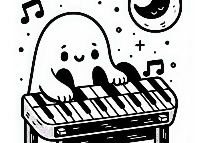 Ghost plays eerie melody on old keyboard: Simple coloring page (Free) Ghost plays eerie melody on old keyboard: Simple coloring page (Free)