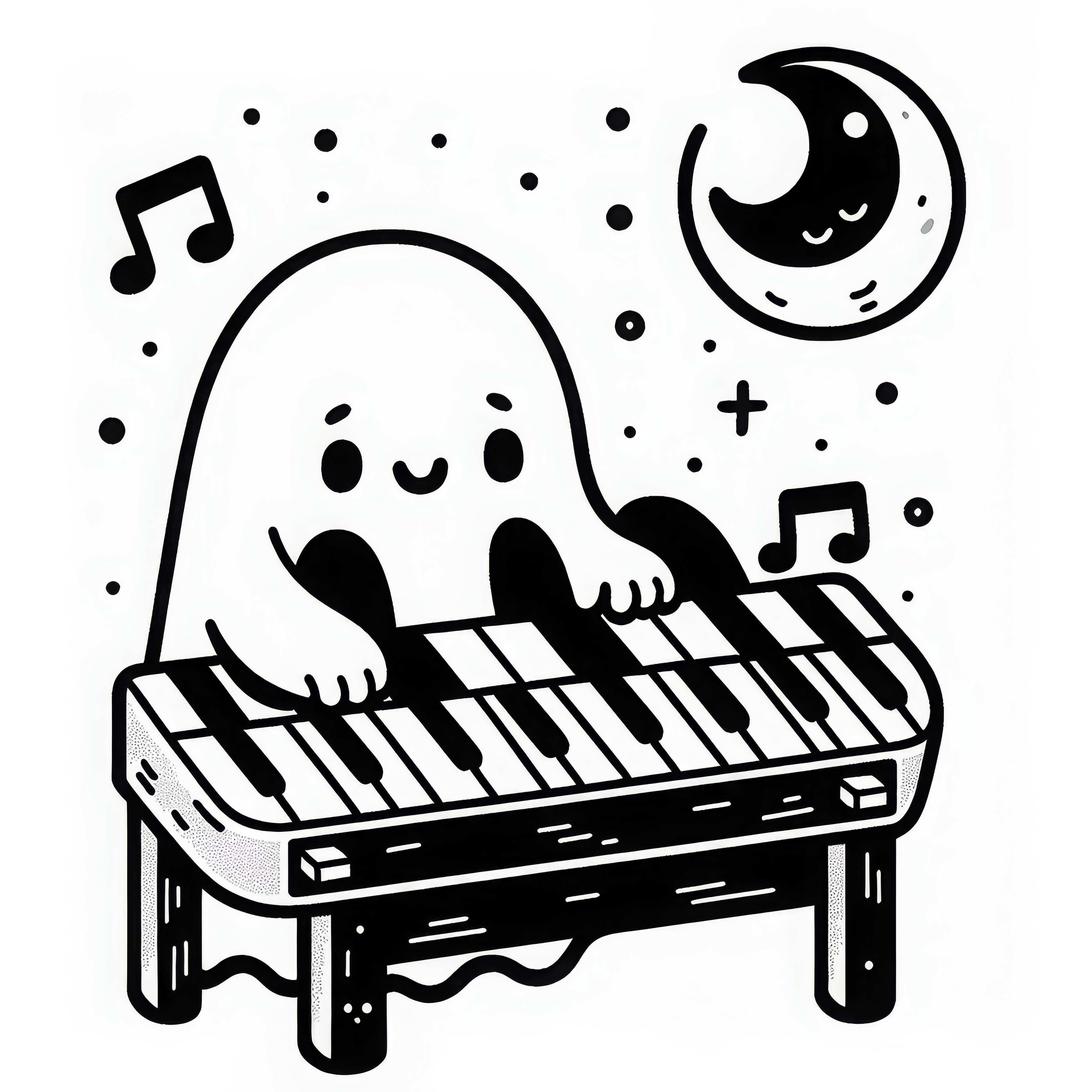 Ghost plays eerie melody on old keyboard: Simple coloring page (Free)