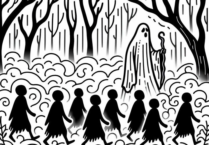 Spirit guides a group of lost souls through dense fog: Free coloring page Spirit guides a group of lost souls through thick fog: Free coloring page