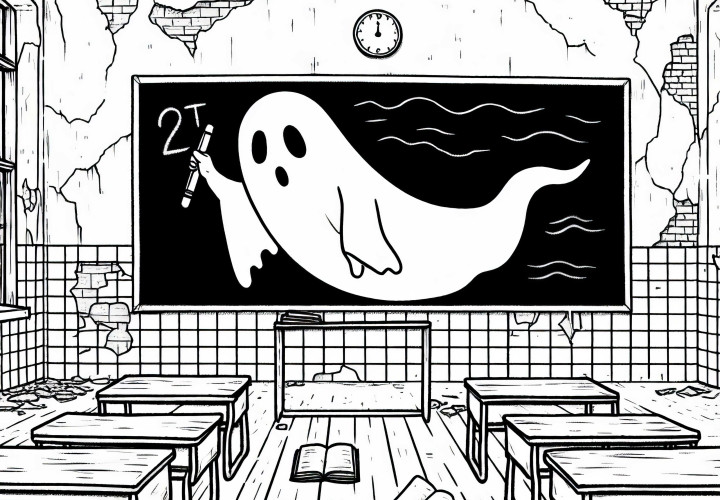 A ghost floats through an abandoned school and writes on the blackboard: Free coloring template A ghost floats through an abandoned school and writes on the board: Free coloring template