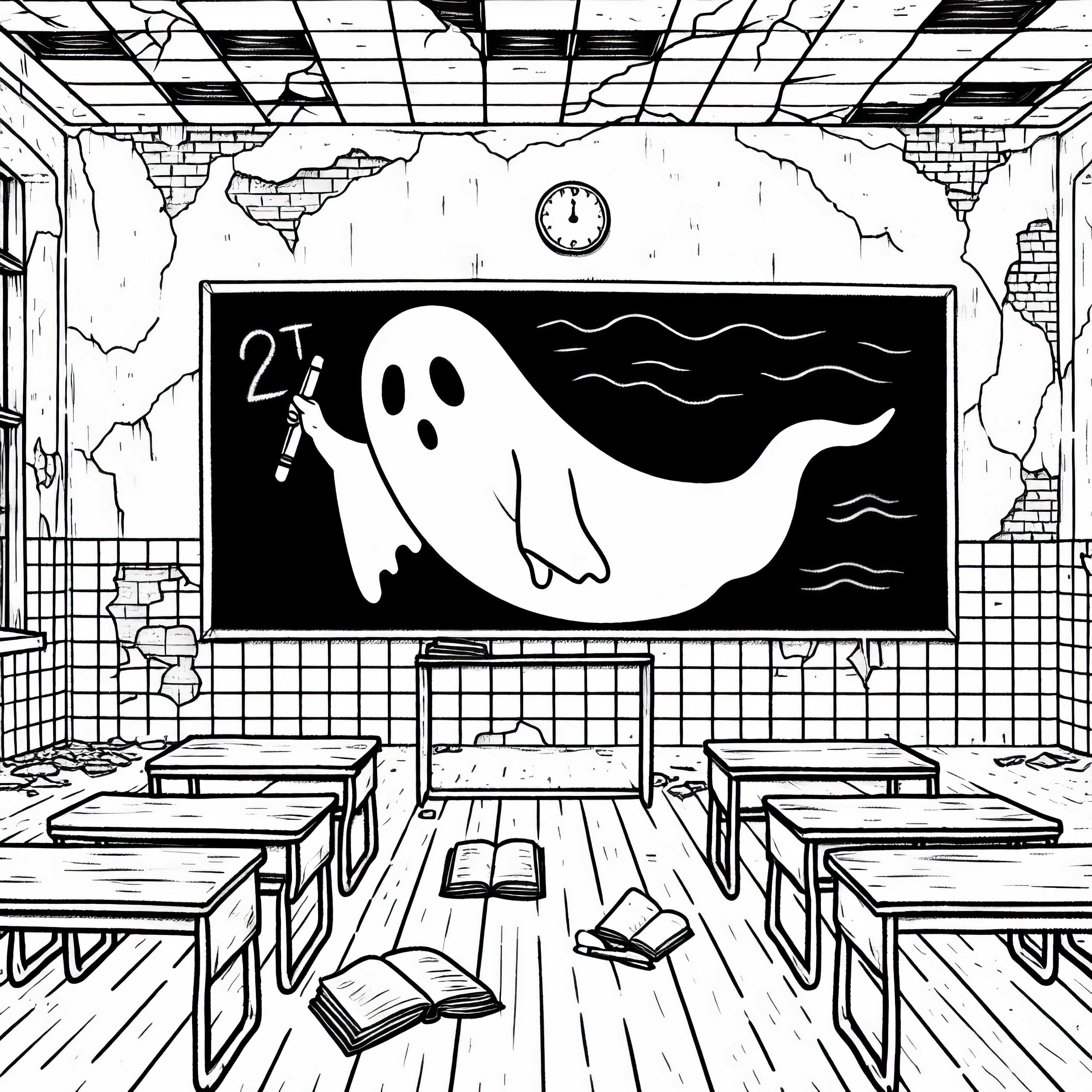 A ghost floats through an abandoned school and writes on the blackboard: Free coloring template