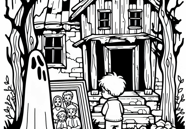 Spirit with child observes family portrait in front of a decaying house: Free coloring template Ghost with child observing family portrait in front of a dilapidated house: Free coloring page