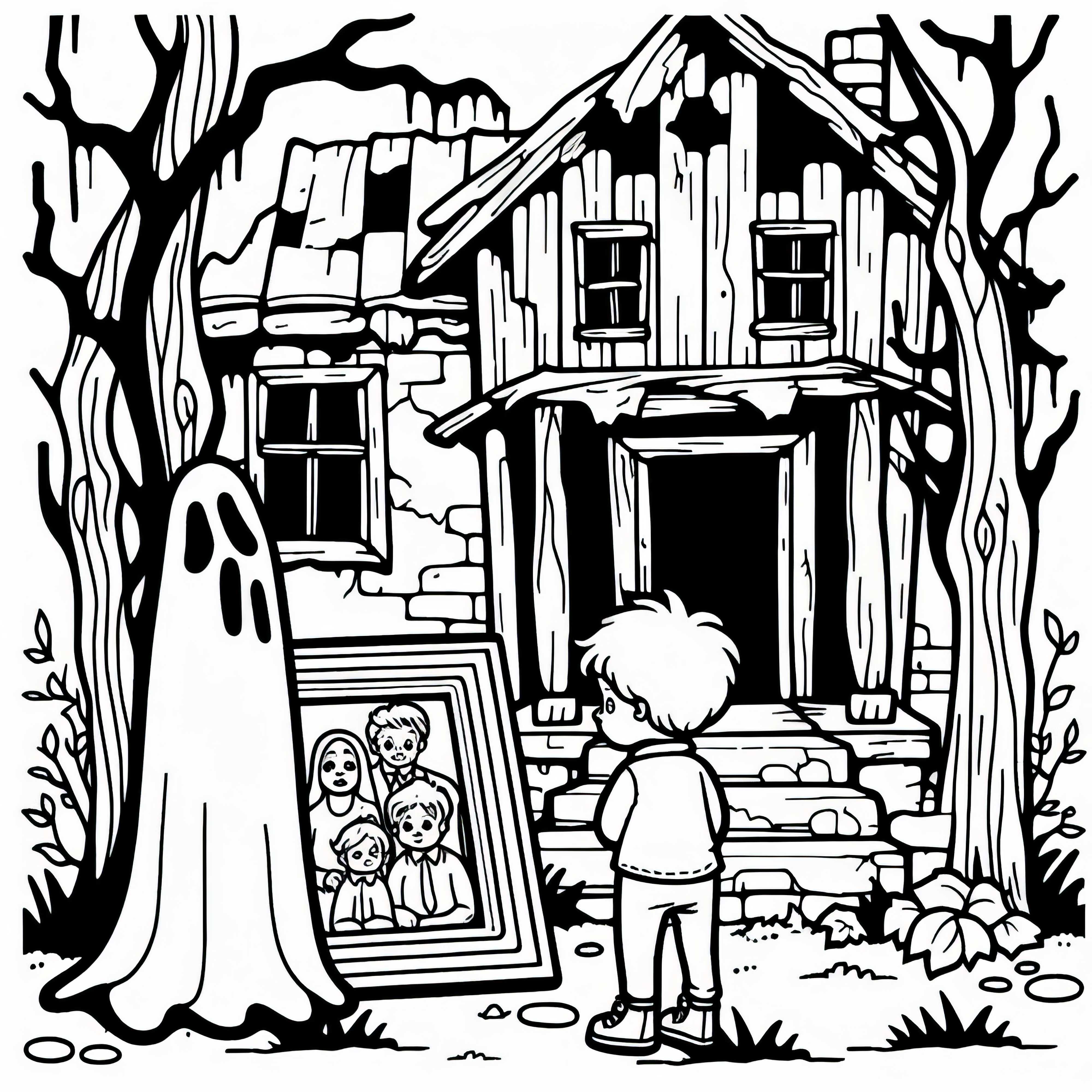 Ghost with child observes family portrait in front of a dilapidated house: Free coloring page