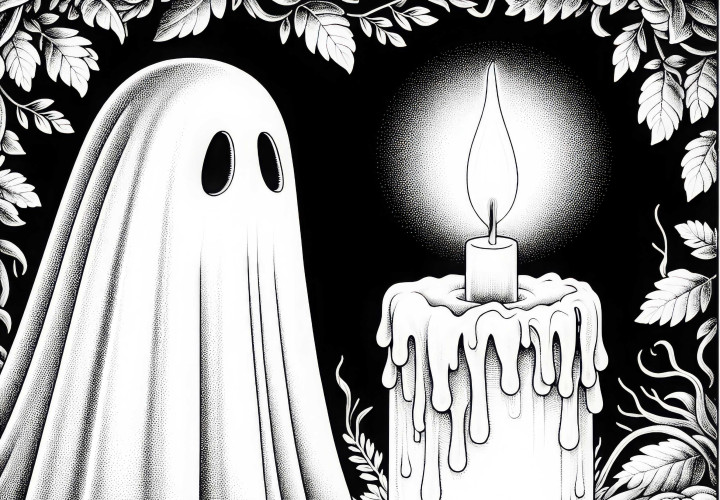 Spirit silently observes a candle: Detailed coloring pages (Free) Spirit quietly observes a candle: Detailed coloring templates (Free)