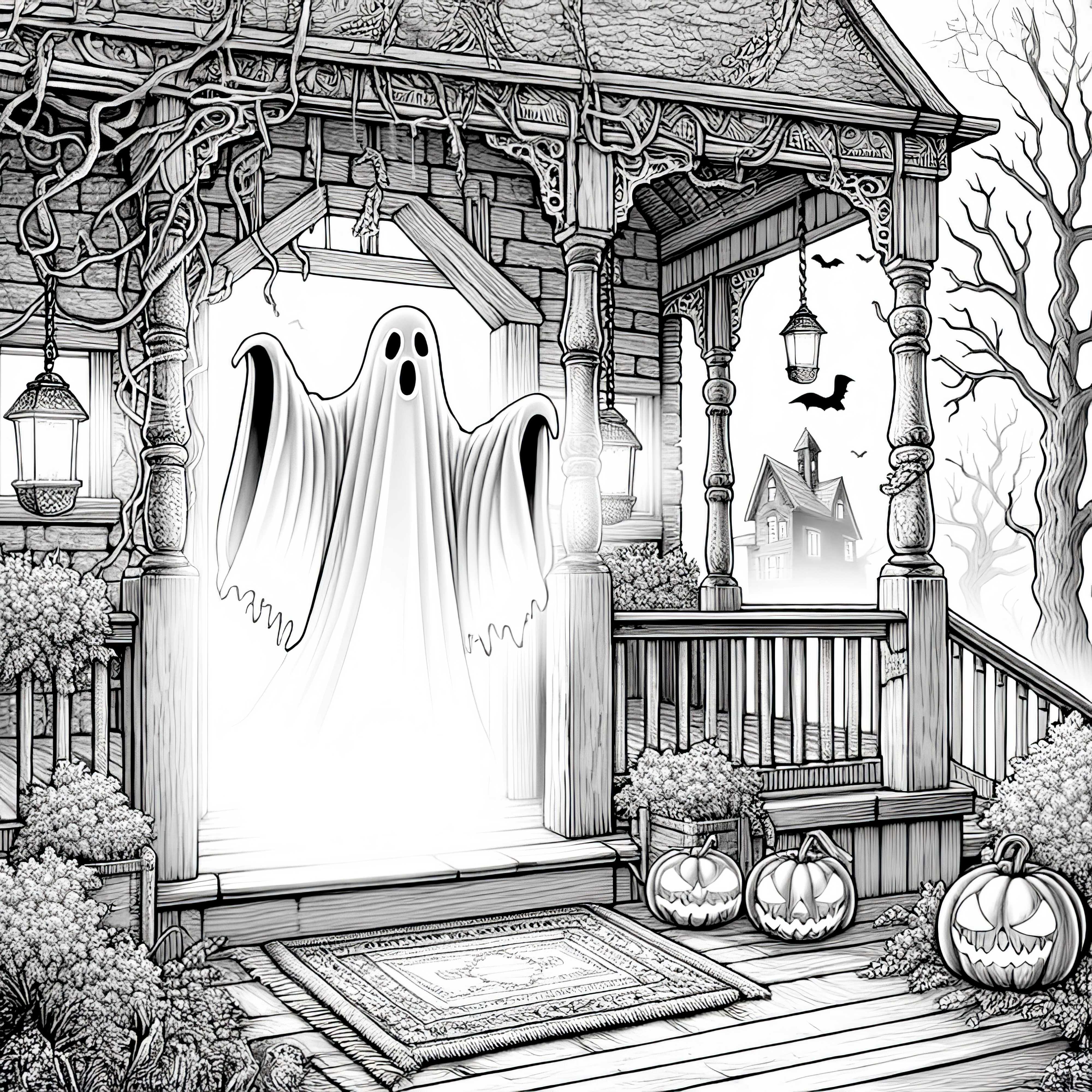 Ghost Appears in the Haunted House: Coloring Page for Download (Free)