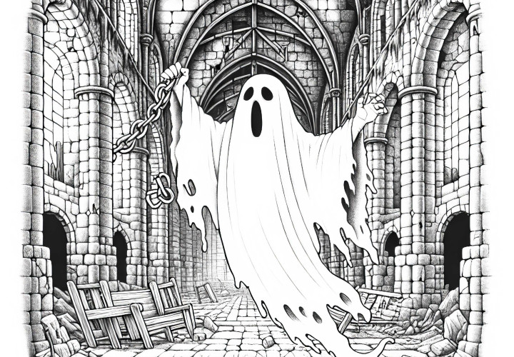 Ghost floats through a ruined castle with chains in hand: Coloring page for download (Free) Ghost floating through a dilapidated castle with chains in hand: Coloring page for download (Free)
