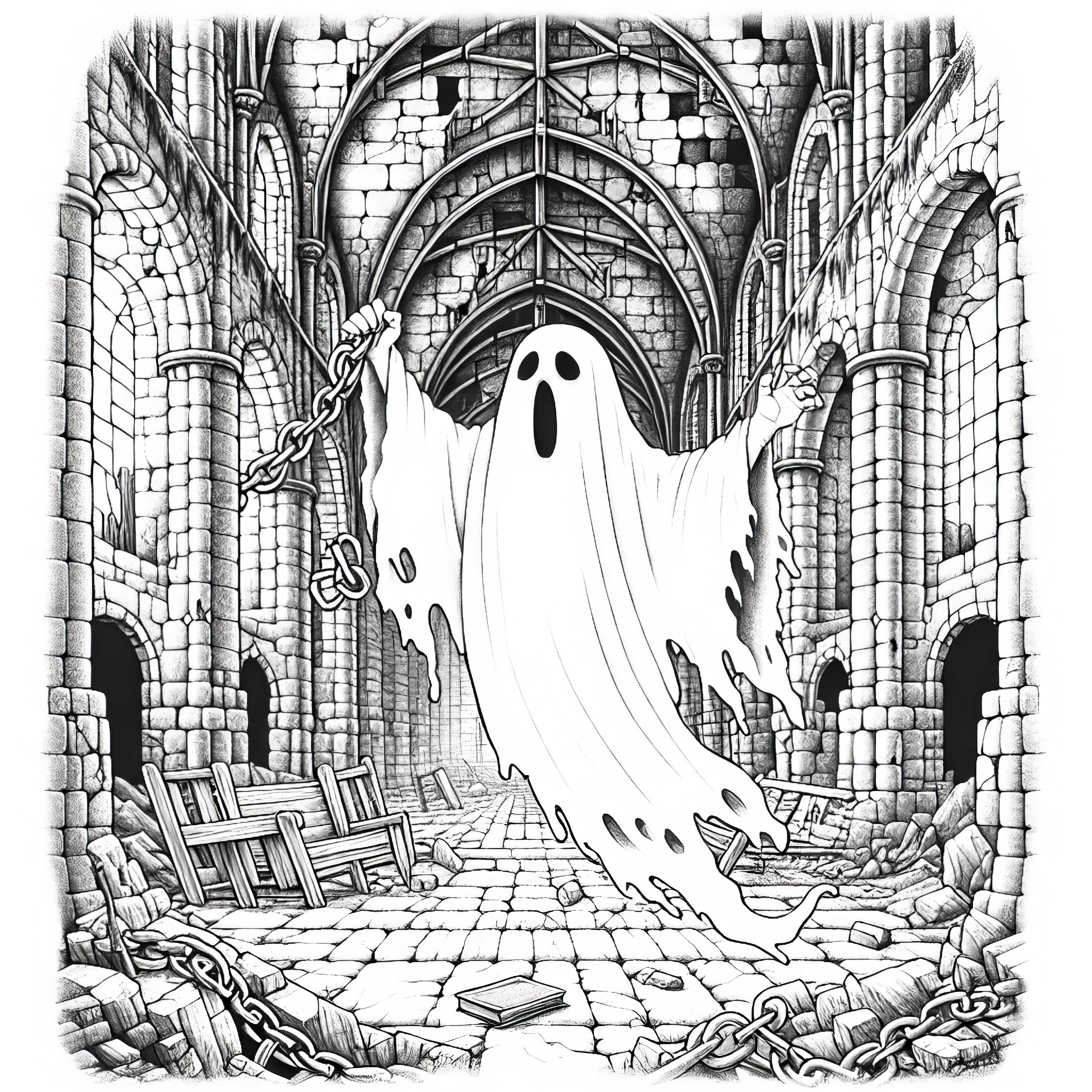Ghost floats through a dilapidated castle with chains in hand: Coloring page for download (Free)