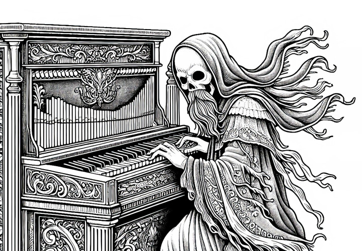Ghost plays eerie melody on old keyboard: Coloring page available for download (Free) Ghost plays eerie melody on old keyboard: Coloring page for download (Free)