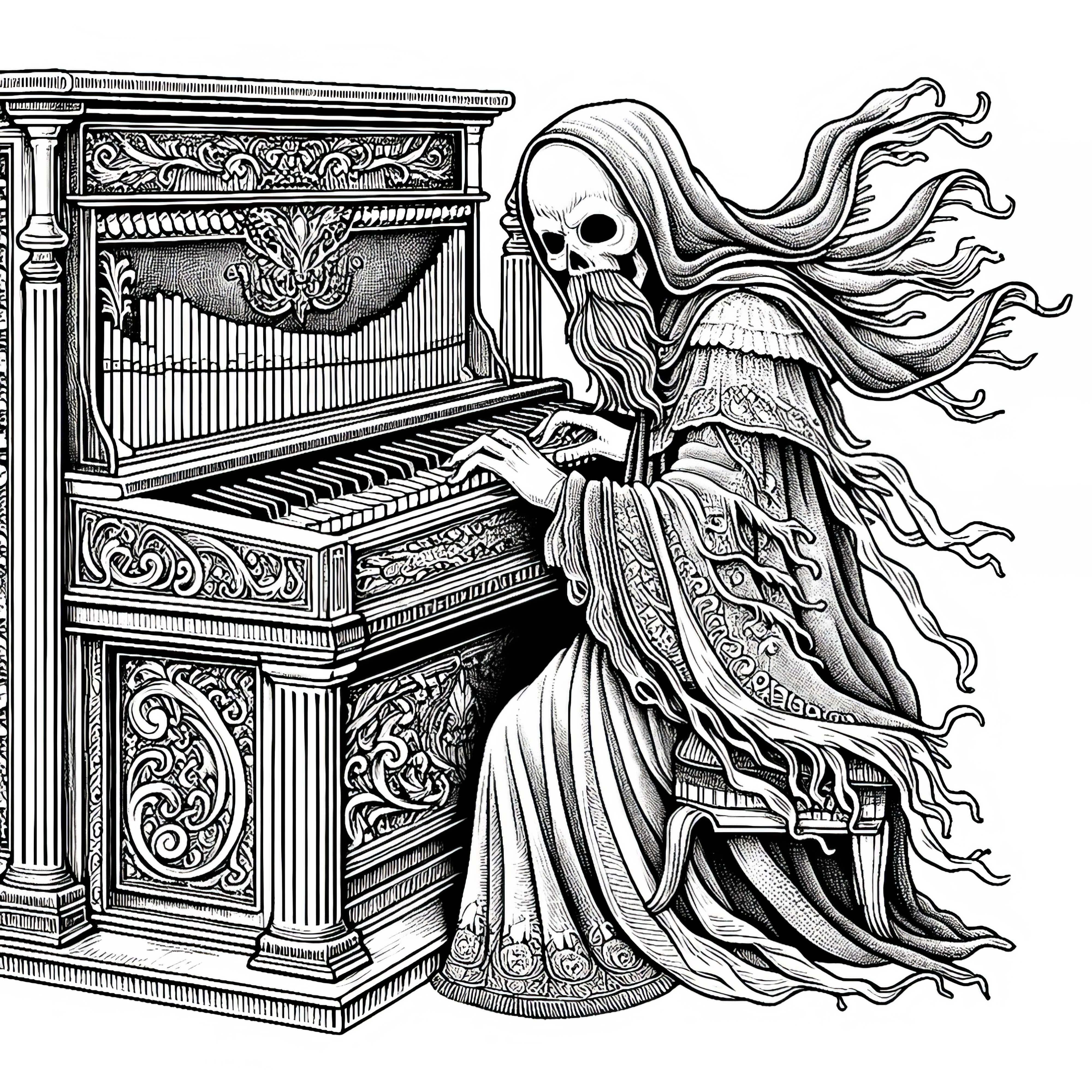 Ghost plays eerie melody on old keyboard: Coloring page available for download (Free)