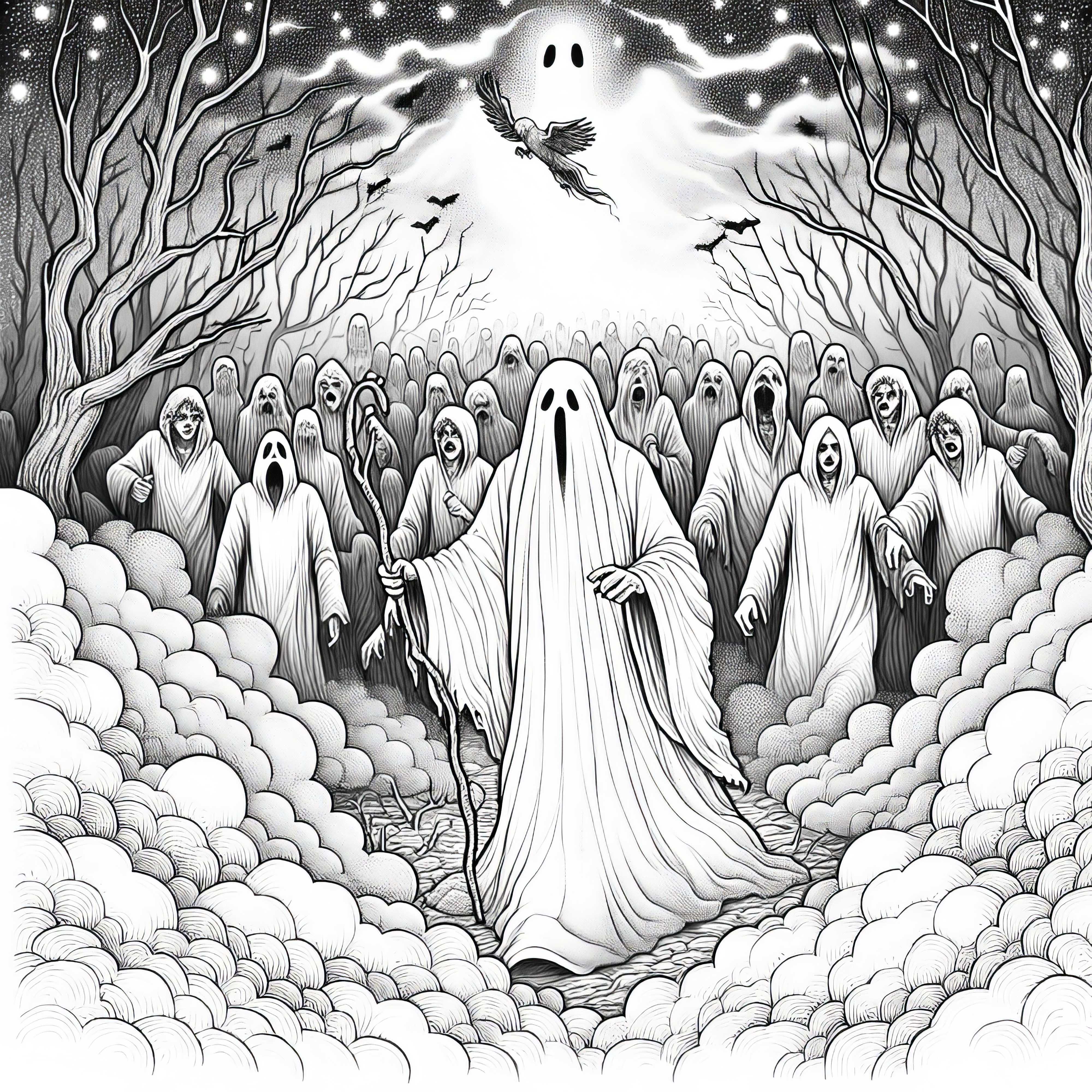Spirit leads a group of lost souls through thick fog: Coloring page for download (Free)