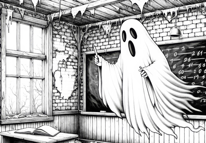 Ghost floats through abandoned school: Detailed coloring page (Free) Ghost floats through abandoned school: Detailed coloring page (Free)