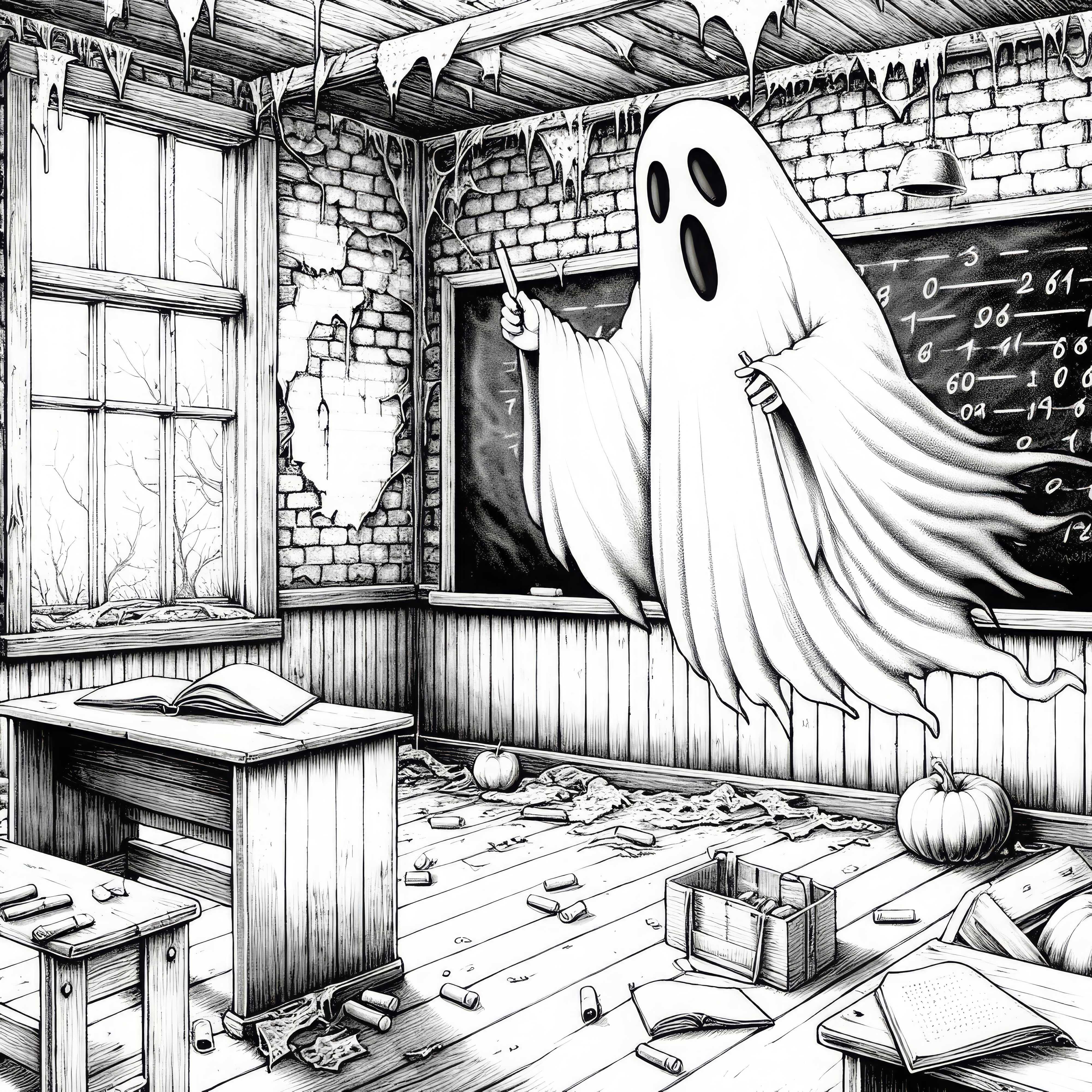 Ghost floats through abandoned school: Detailed coloring page (Free)