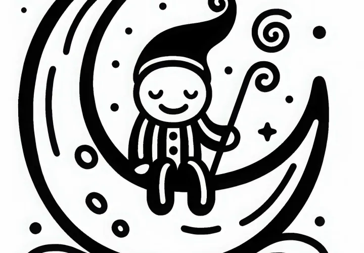 Sandman sedí na mesiaci a pozoruje sny ľudí: Obrázok na vymaľovanie na stiahnutie (zadarmo)