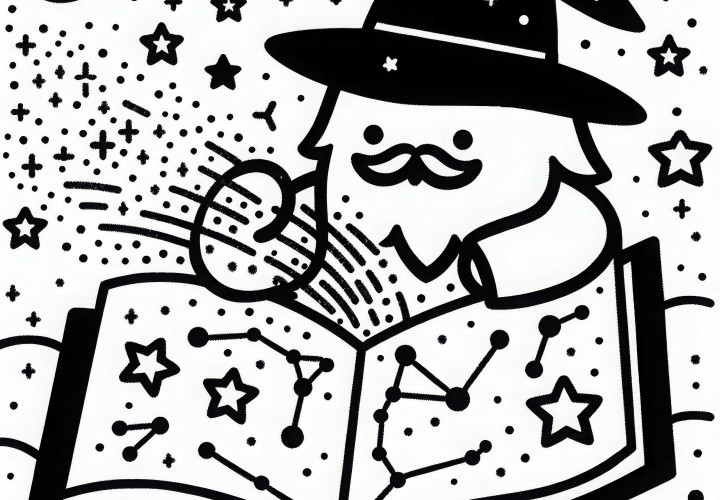 Sandmann öffnet Buch mit Sternbildern: Einfache Malvorlage (Gratis) Sandmann öffnet Buch mit Sternbildern: Einfache Malvorlage (Gratis)