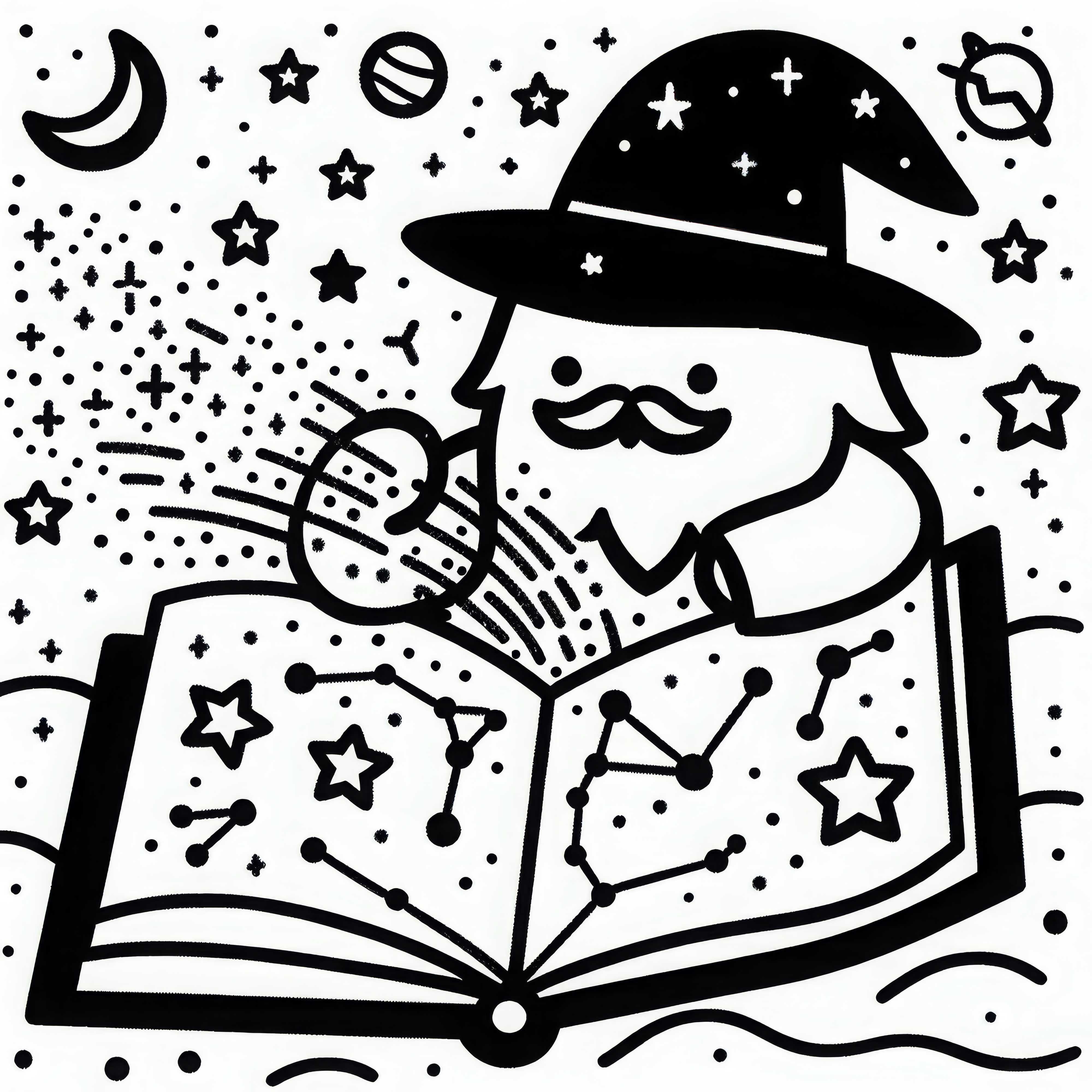 Sandmann öffnet Buch mit Sternbildern: Einfache Malvorlage (Gratis)