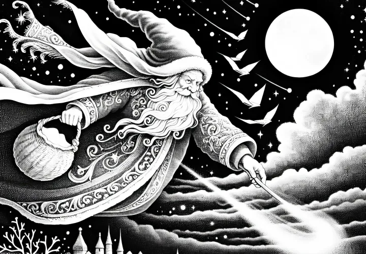 Sandman lieta s ponožkou cez nočnú oblohu: Obraz na vymaľovanie na stiahnutie (zadarmo)