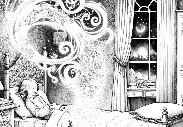 Sandman necháva magické víry snového piesku plávať po detskej izbe: Dúha na vymaľovanie na stiahnutie (zadarmo)