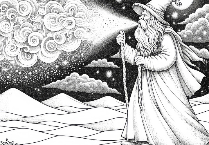 Sandmann bläst Wolke aus funkelndem Sand in den Nachthimmel als Ausmalbild (Gratis) Sandmann bläst Wolke aus funkelndem Sand in den Nachthimmel als Ausmalbild (Gratis)