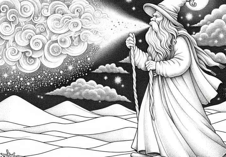 Sandman fúka oblak z trblietavého piesku do nočnej oblohy ako omalovánku (Zadarmo)