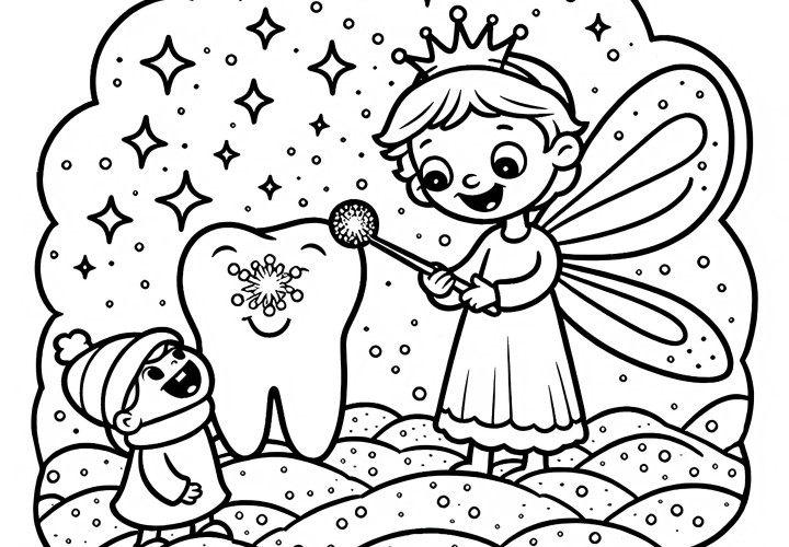 Zębową wróżka pokazuje dziecku w marzeniu magiczny świat pełen brokatowego piasku: Prosty obrazek do kolorowania (Darmowy) Zębuszek pokazuje dziecku w śnie magiczny świat pełen błyszczącego piasku: Prosty rysunek do kolorowania (Darmowe)