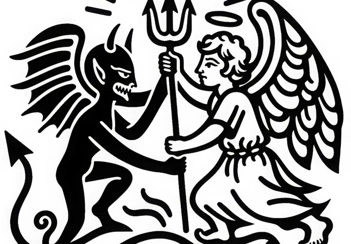 Djävul slåss med treudd mot ängel: Målarbild att ladda ner (Gratis)