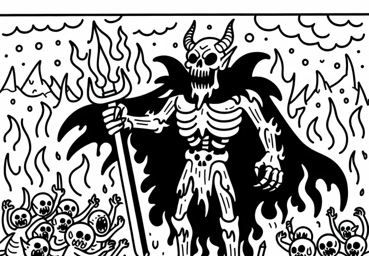 Demonen leda armé av demoner över ett brinnande slagfält: Gratis målarbild