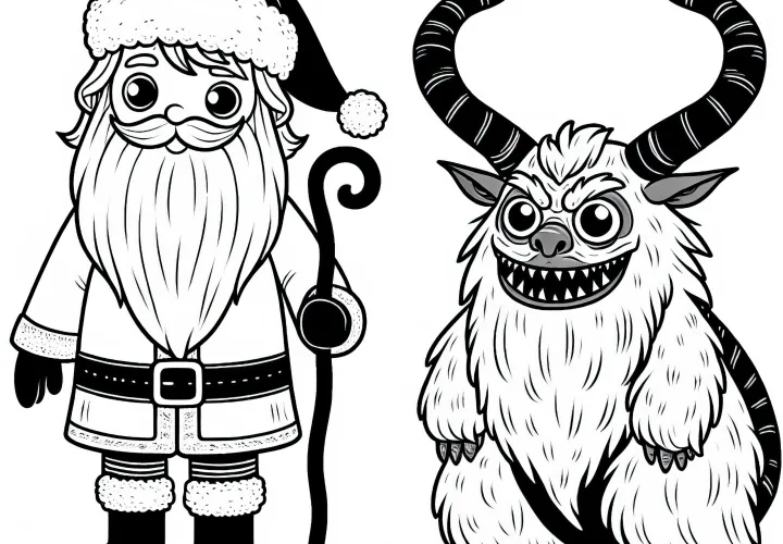 Krampus se tient à côté de Saint Nicolas - Dessin à colorier simple et gratuit