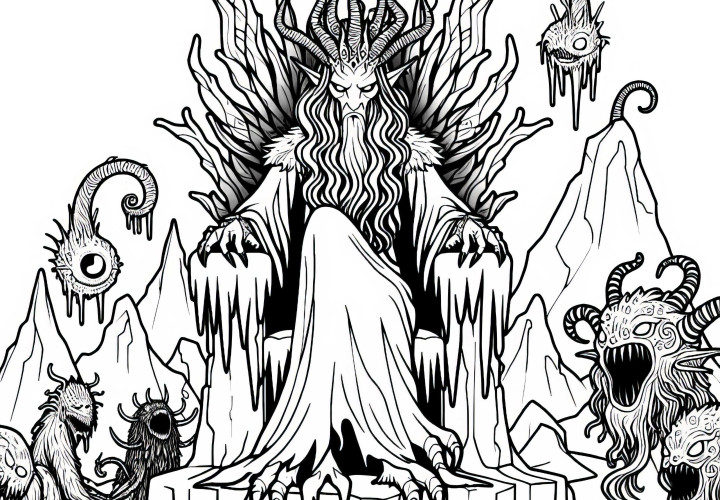 Krampus est assis sur un trône glacé, entouré de créatures effrayantes - Coloriage gratuit