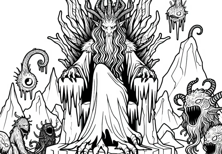 Krampus est assis sur un trône glacé, entouré de créatures effrayantes - Coloriage gratuit
