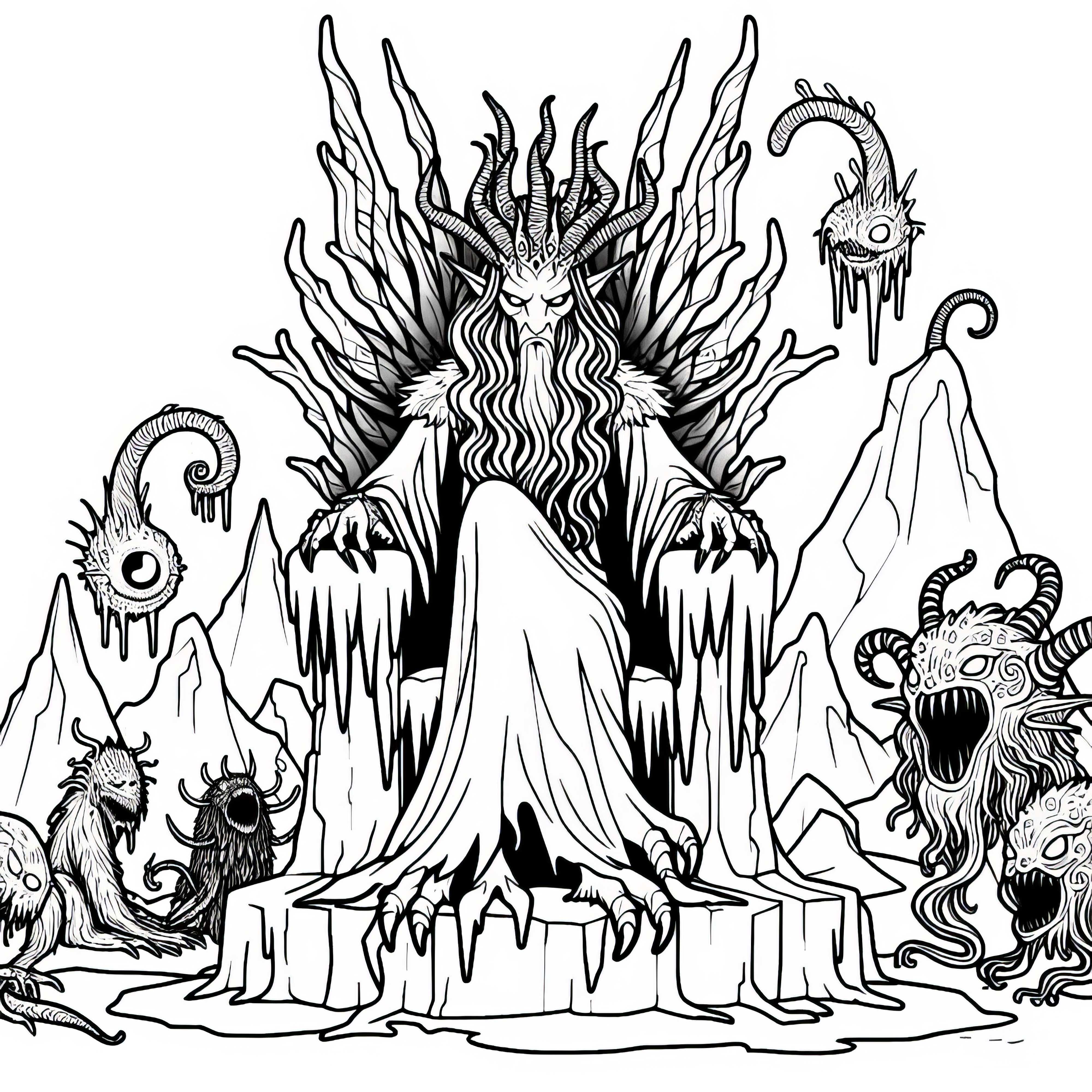 Krampus est assis sur un trône glacé, entouré d'êtres terrifiants - Image à colorier gratuite