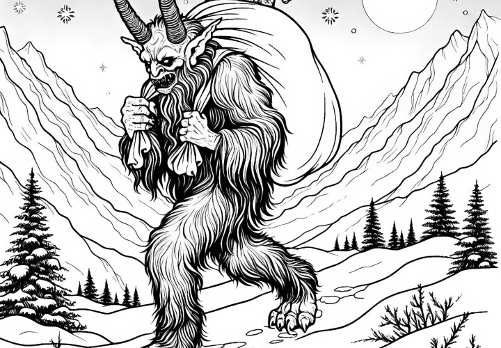 Krampus grimpe avec un sac à travers les montagnes enneigées - Dessin à colorier gratuit