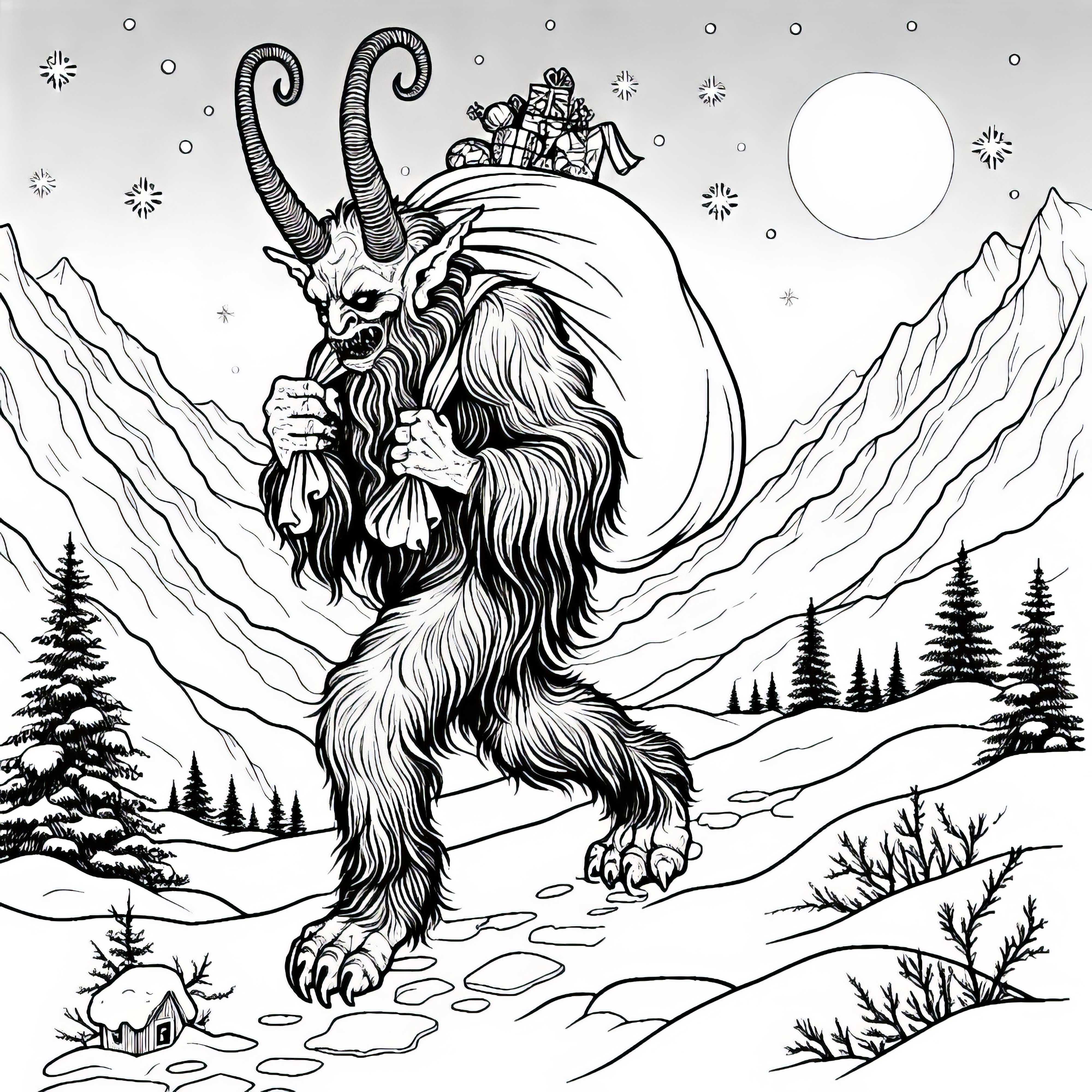 Krampus grimpe avec un sac à travers des montagnes enneigées – Coloriage gratuit