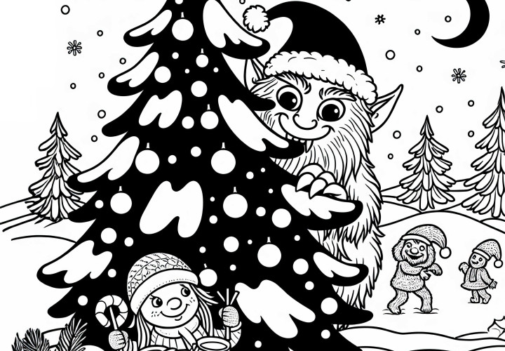 Krampus se cache derrière un sapin enneigé et observe un enfant heureux – Dessin à colorier gratuit