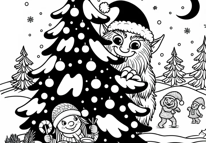 Krampus se cache derrière un sapin enneigé et observe un enfant heureux – Dessin à colorier gratuit