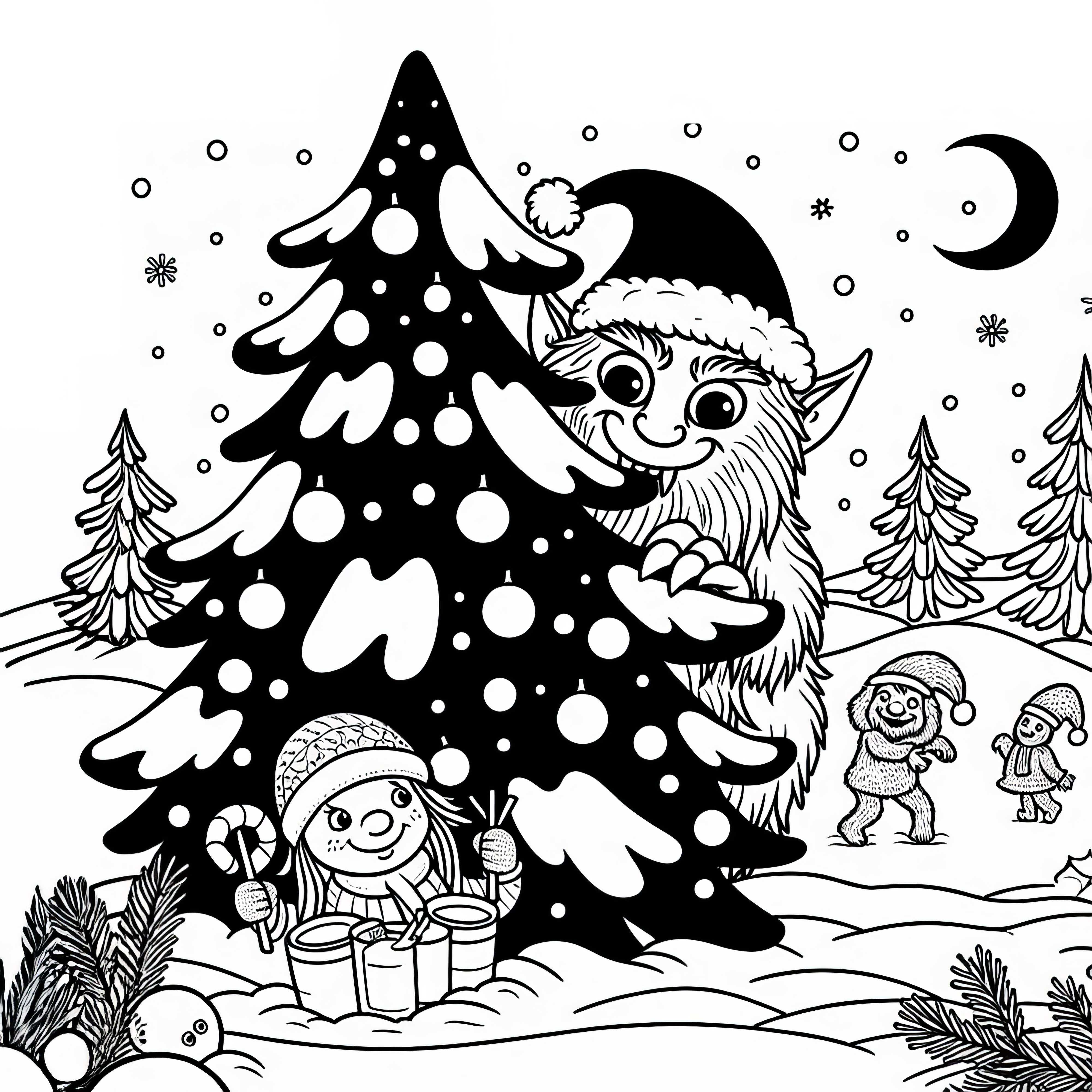 Krampus guette derrière un sapin enneigé et observe un enfant joyeux - Dessin à colorier gratuit