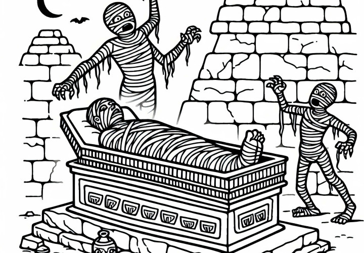 Momie se réveille de son sarcophage dans une ancienne pyramide – Image à colorier gratuite