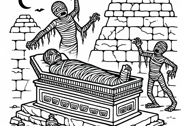 Momie se réveille de son sarcophage dans une ancienne pyramide – Image à colorier gratuite
