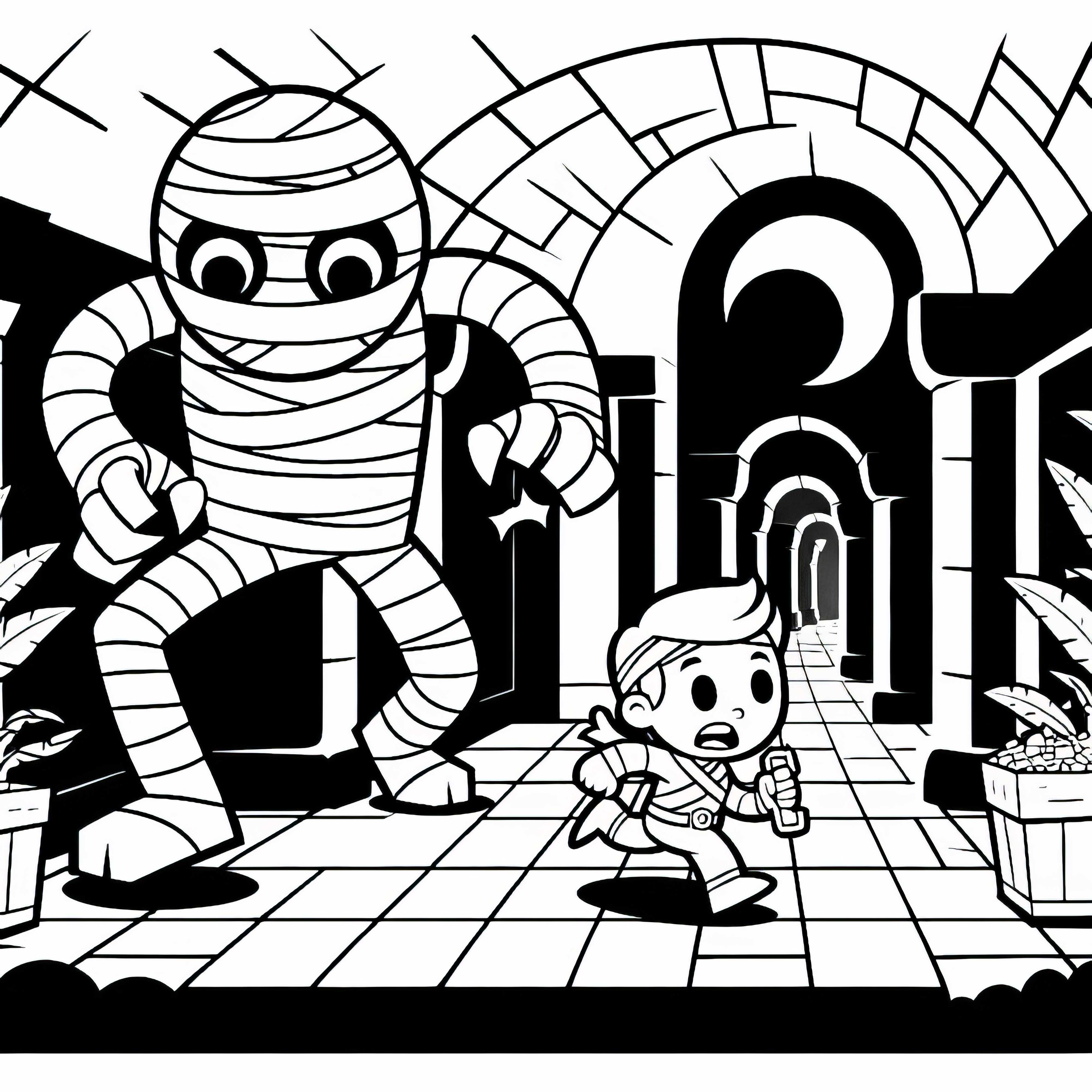 La momie chasse les chercheurs de trésor à travers un couloir sombre – Modèle de coloriage gratuit