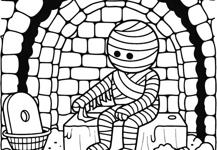 Momie répare ses bandages dans une chambre funéraire abandonnée – coloriage simple gratuit