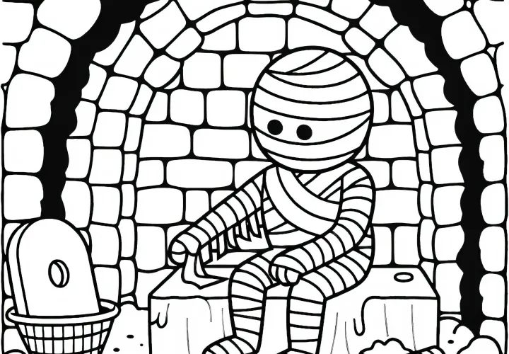 Momie répare ses bandages dans une chambre funéraire abandonnée – coloriage simple gratuit