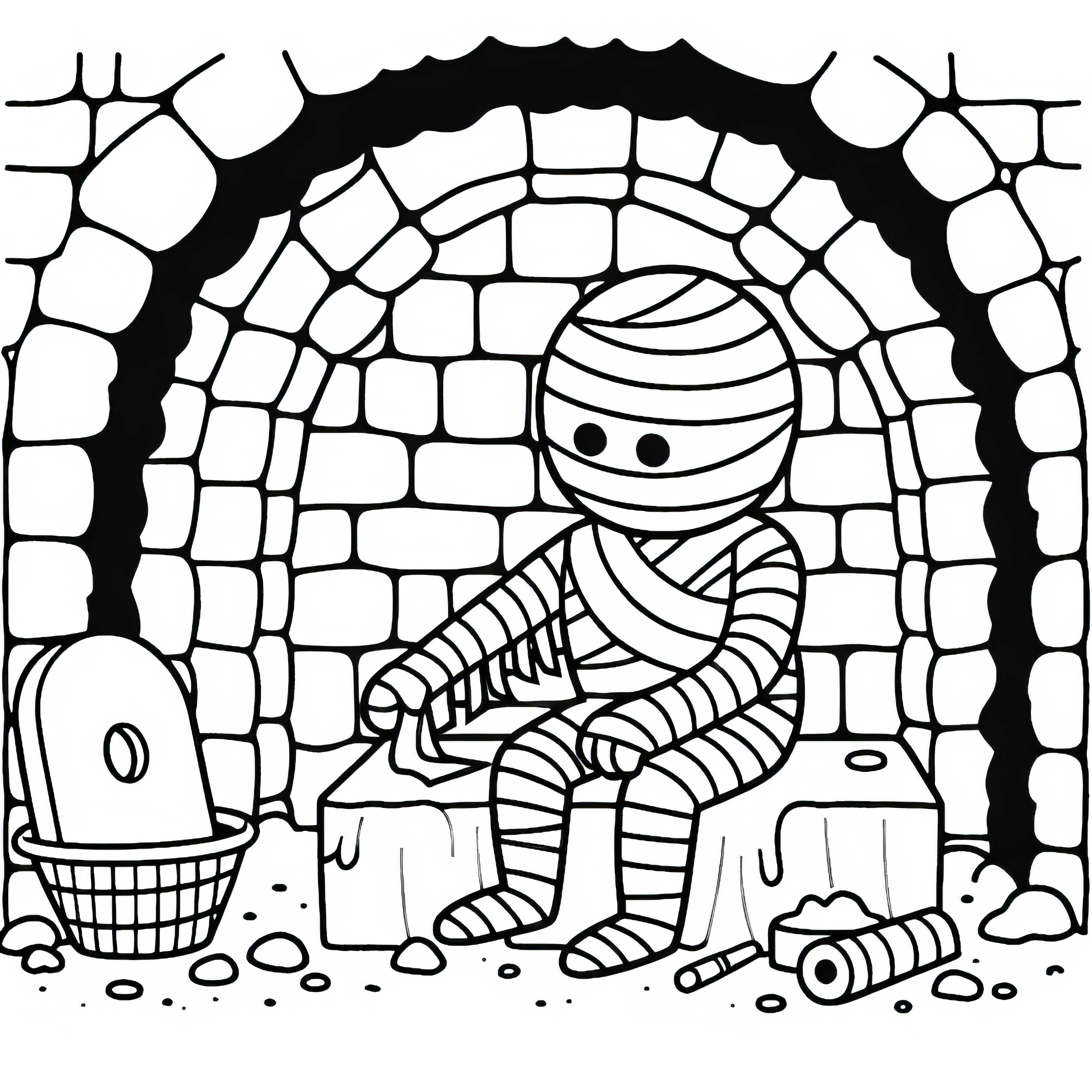 Momie répare ses bandages dans une chambre funéraire abandonnée – coloriage simple gratuit