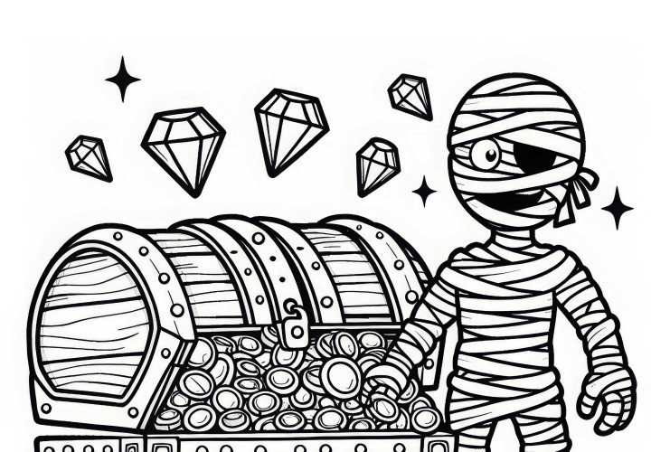 Momie gardant un ancien coffre au trésor plein de bijoux - Modèle à colorier gratuit