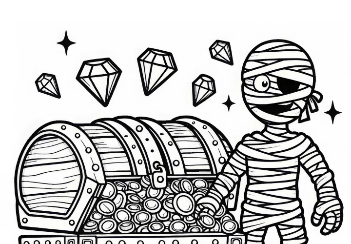 Momie gardant un ancien coffre au trésor plein de bijoux - Modèle à colorier gratuit