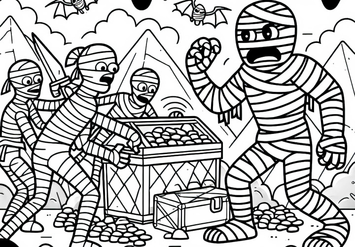 Les momies gardent un trésor - Dessin à colorier simple et gratuit
