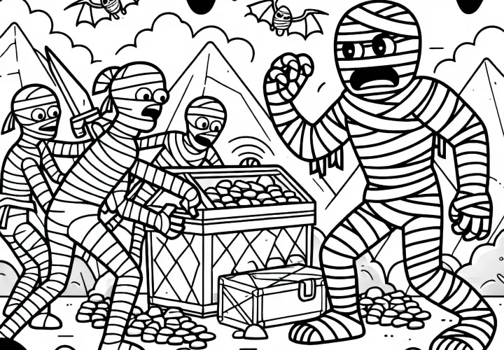Les momies gardent un trésor - Dessin à colorier simple et gratuit