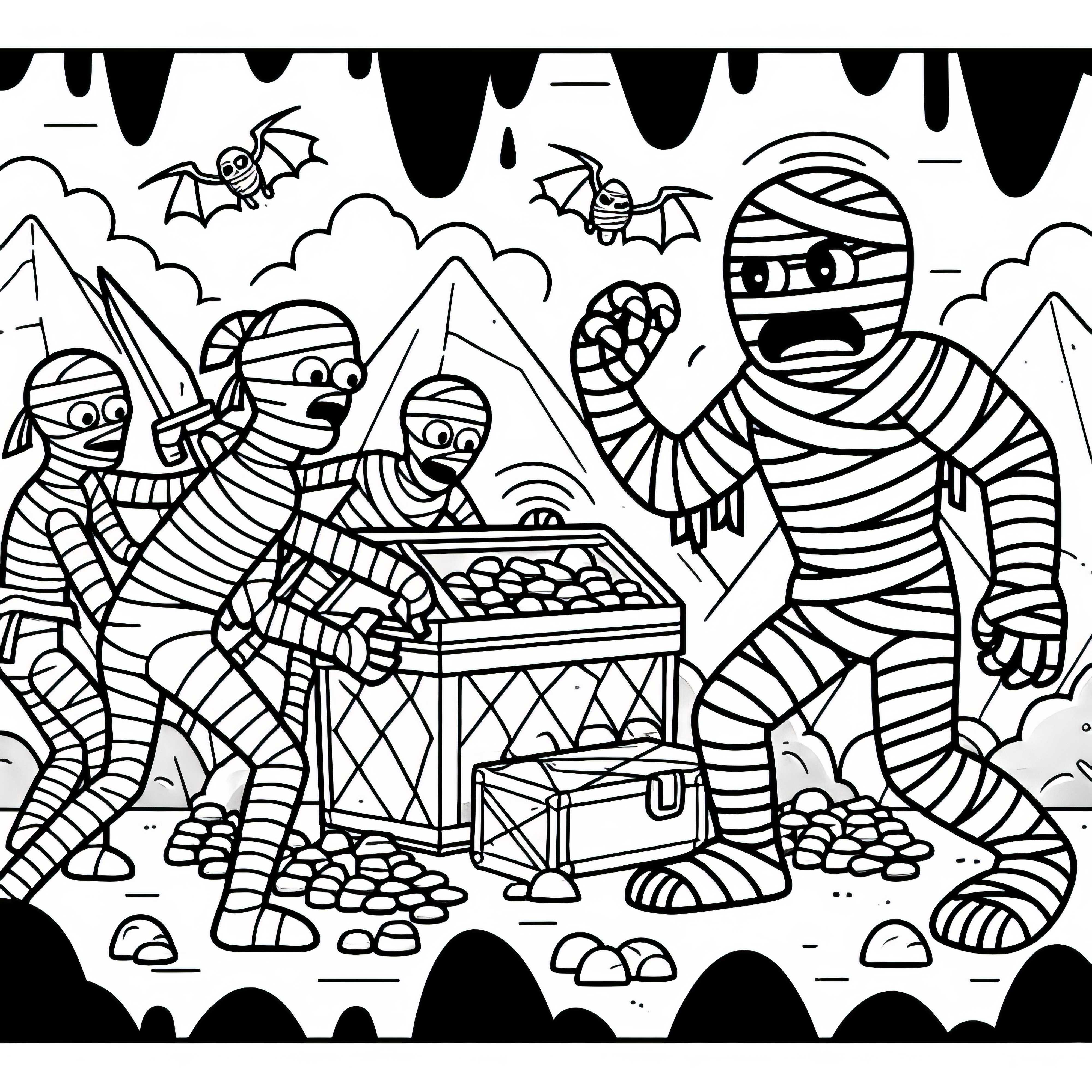 Des momies gardent un trésor - Dessin à colorier simple et gratuit